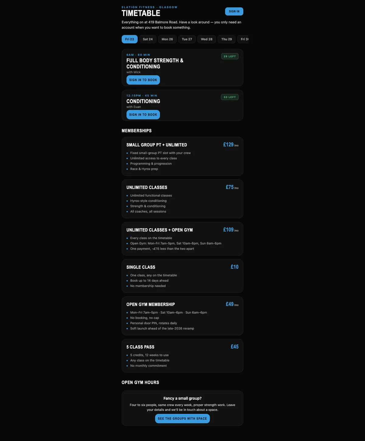 Full-length view of the Elation Hub homepage